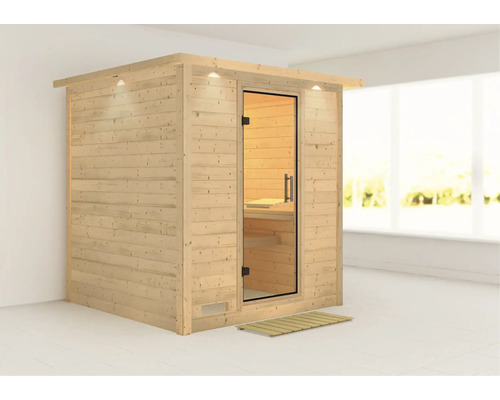 Sauna en bois massif Karibu Wojave sans poêle, avec couronne, avec porte entièrement vitrée en verre transparent