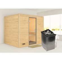 Massivholzsauna Karibu Monara inkl.9 kW Ofen u.integr.Steuerung ohne Dachkranz mit Ganzglastüre aus Klarglas