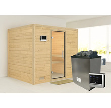 Massivholzsauna Karibu Monara inkl.9 kW Ofen u.ext.Steuerung ohne Dachkranz mit Ganzglastüre aus Klarglas