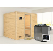 Massivholzsauna Karibu Monara inkl. 9 kW Bio Ofen u.ext.Steuerung ohne Dachkranz mit Ganzglastüre aus Klarglas