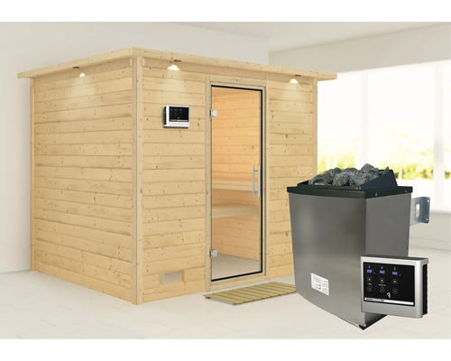 Sauna en bois massif Karibu Coral avec poêle de 9 kW et commande ext. avec couronne de toit et porte tout en verre en verre transparent