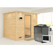 Massivholzsauna Karibu Coral inkl. 9 kW Bio Ofen u.ext.Steuerung mit Dachkranz und Ganzglastüre aus Klarglas