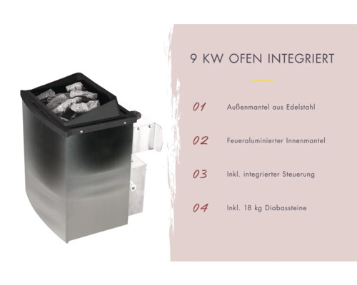 9 Kilowatt Saunaofen mit Edelstahl Außenmantel und 18 Kilogramm Diabassteinen