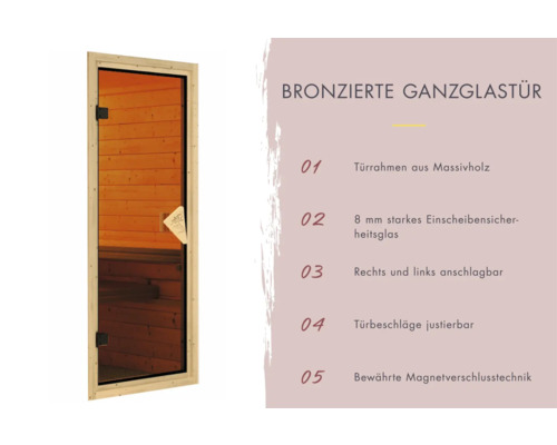 Bronzierte Ganzglastür mit Massivholzrahmen und Sicherheitsglas
