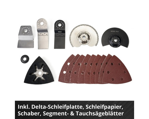 Set mit Dreieckschleifplatte, Schleifpapier, Schaber, Segment- und Tauchsägeblättern