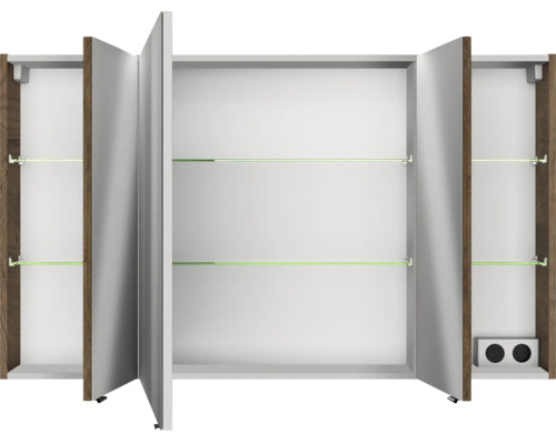 Armoire de toilette ouverte avec étagères en verre