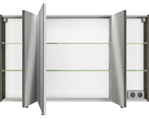 Armoire de toilette ouverte avec trois portes et étagères en verre