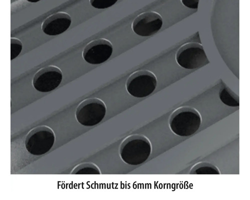 Gros plan d''une grille métallique perforée pour l''évacuation des saletés jusqu''à une granulométrie de 6 mm.
