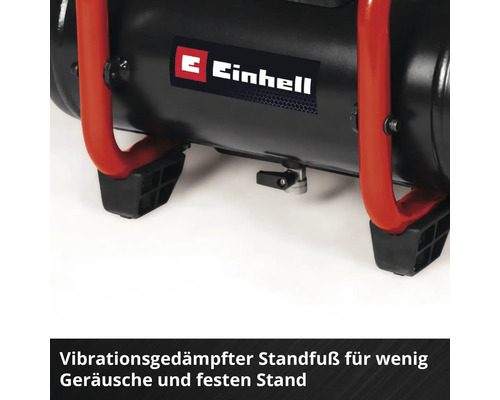 Logo Einhell sur un compresseur avec pieds amortisseurs de vibrations.