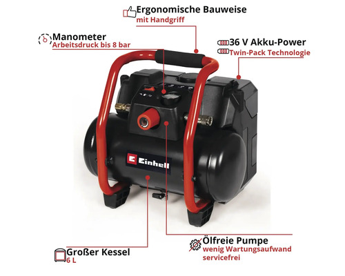 Compresseur sans fil Einhell avec manomètre, poignée ergonomique, alimentation 36 V, technologie Twin-Pack, pompe sans huile et cuve de 6 litres