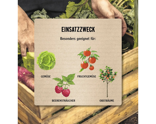Informationstafel mit dem Einsatzzweck für Gemüse, Fruchtgemüse, Beerensträucher und Obstbäume