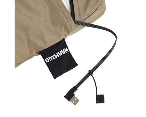 Vue détaillée d''une veste chauffante avec port USB et logo Warmigo
