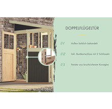 Doppelflügeltür mit farbbehandelter Außenseite, Buntbartschloss mit zwei Schlüsseln und Fenstern aus bruchsicherem Kunstglas