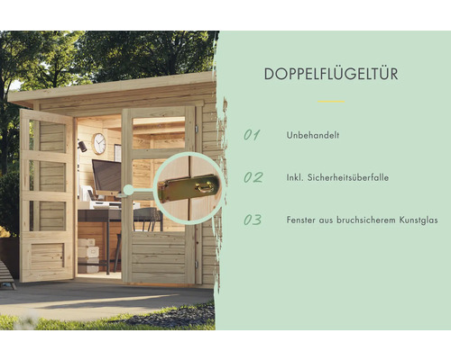 Doppelflügeltür eines Gartenhauses mit Sicherheitsüberfalle und Fenster aus Kunstglas.