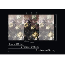 Papier peint photo avec motif floral et indications de taille.