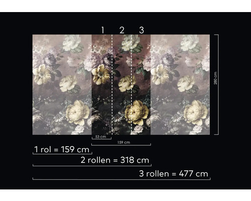 Papier peint photo avec motif floral et indications de taille.