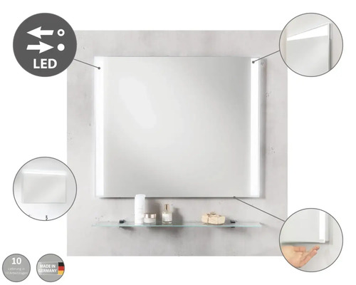 Miroir carré avec éclairage LED et étagère en verre
