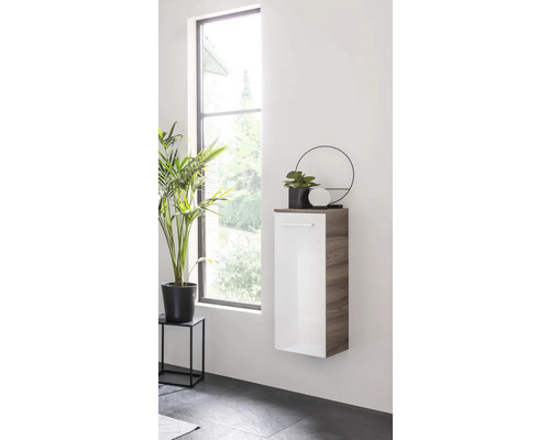 Salle de bains avec un meuble haut suspendu en blanc et aspect bois, décoré d''une plante et d''un objet décoratif.