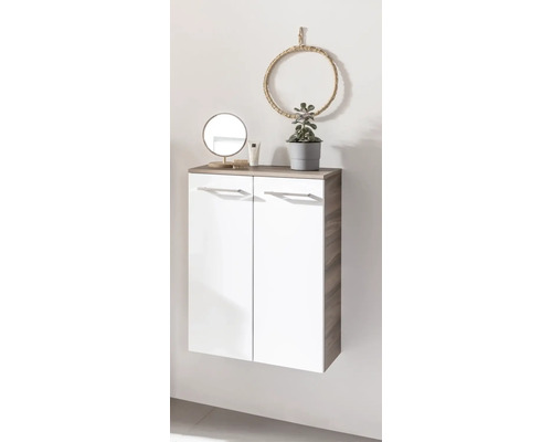 Meuble de salle de bain suspendu avec deux portes blanches, miroir et décorations sur le dessus.