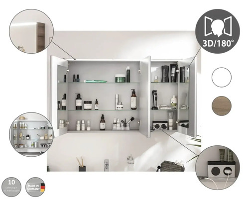 Armoire de toilette ouverte avec étagères en verre, prises de courant, éclairage LED et la mention Made in Germany.