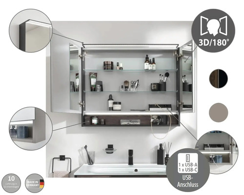 Armoire de toilette avec compartiment ouvert, port USB, éclairage LED et label Made in Germany