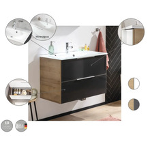 Waschbeckenunterschrank mit zwei Schubladen, Glaswaschtisch und Mineralgussbecken