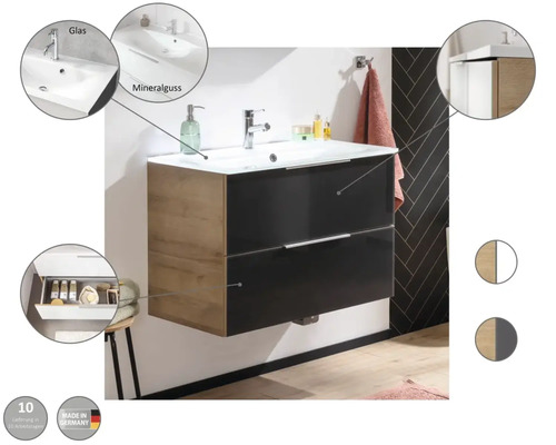 Waschbeckenunterschrank mit zwei Schubladen, Armatur und Waschbecken aus Glas und Mineralguss
