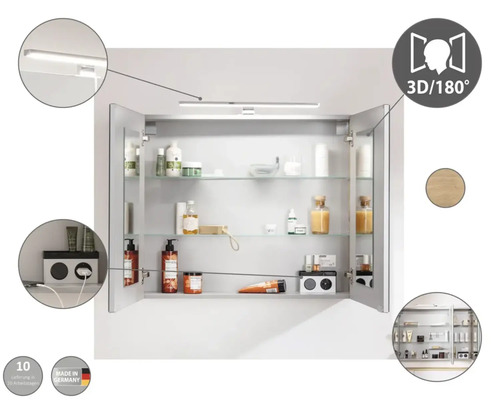 Armoire de toilette miroir ouverte avec éclairage et étagères en verre