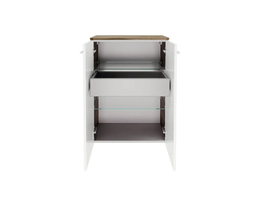 Meuble bas de salle de bain ouvert avec tiroir et étagères en verre