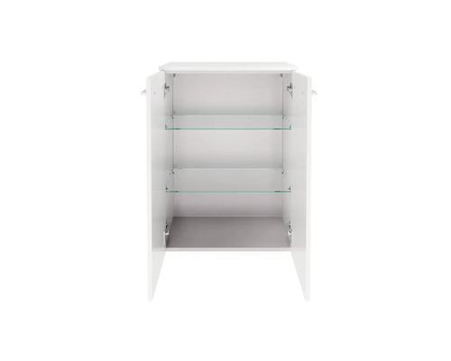 Geöffneter weißer Spiegelschrank mit Glasböden für Badezimmer