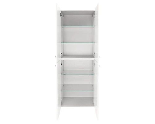 Weißer Badhochschrank mit offenen Türen und Glasböden