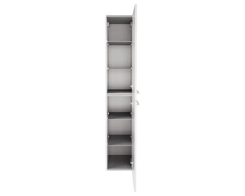 Armoire haute de salle de bains étroite et ouverte avec plusieurs étagères