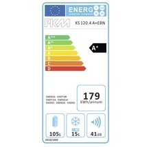 Energielabel für PKM Kühlschrank KS 120.4 A+EBN mit Energieeffizienzklasse A+, einem jährlichen Energieverbrauch von 179 Kilowattstunden, einem Nutzinhalt von 105 Litern im Kühlfach und 15 Litern im Gefrierfach sowie einer Lautstärke von 41 Dezibel