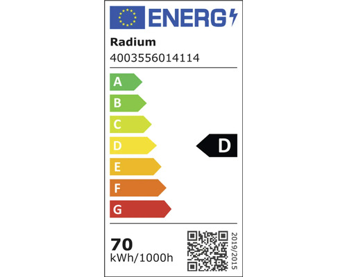 Label énergétique Radium, classe d''efficacité énergétique D, consommation d''énergie 70 kWh pour 1000 heures