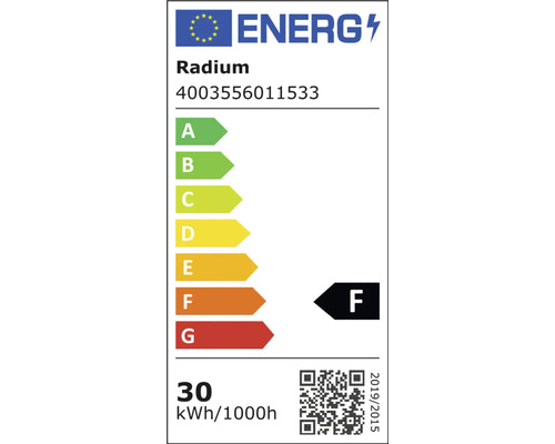 Étiquette énergétique Radium avec classe d''efficacité énergétique F et une consommation de 30 kWh pour 1000 heures.