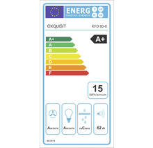 Exquisit Energielabel mit Energieeffizienzklasse A+, einem jährlichen Energieverbrauch von 15 kWh und einem Geräuschpegel von 62 Dezibel.