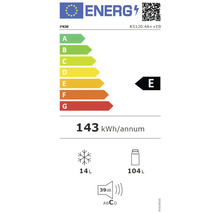 Étiquette énergétique PKM KS120.4A++EB avec classe d''efficacité énergétique E, consommation électrique de 143 kWh par an, compartiment congélateur de 14 litres, compartiment réfrigérateur de 104 litres et volume sonore de 39 décibels