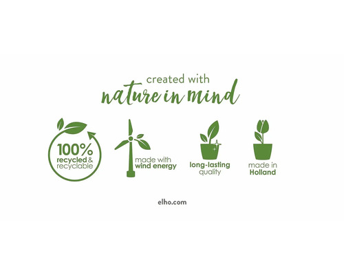 Symbole für: 100 Prozent recycelt und recycelbar, hergestellt mit Windenergie, langlebige Qualität, hergestellt in Holland