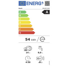 Étiquette d''efficacité énergétique Bosch A, 54 kilowattheures, 14 couverts, consommation d''eau 9,0 litres, 42 décibels, 4 heures 30 minutes