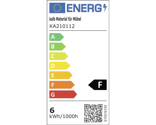 Energielabel für Möbelmaterial der Klasse F, 6 Kilowattstunden pro 1000 Stunden