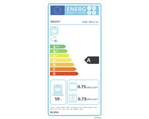 Étiquette énergétique pour four Exquisit EHE 156-2.1U avec classe d''efficacité énergétique A, volume de 59 litres et consommation d''énergie de 0,75 kWh par cycle en mode conventionnel.