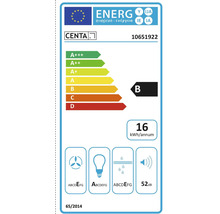 Energielabel mit der Energieeffizienzklasse B, einem jährlichen Energieverbrauch von 16 Kilowattstunden und einem Geräuschpegel von 52 Dezibel