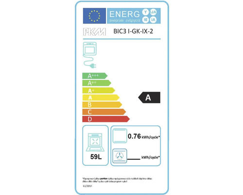 Étiquette énergétique pour four PKM BIC3 I-GK-IX-2 avec classe d''efficacité énergétique A, volume de 59 litres et 0.76 kilowattheure par cycle