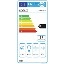 Étiquette énergétique avec classe d'efficacité énergétique B, consommation d'énergie annuelle de 17 kilowattheures et un niveau sonore de 65 décibels