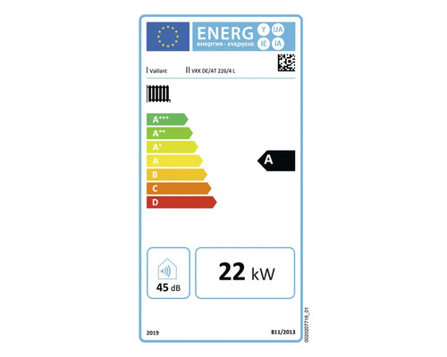 Étiquette énergétique Vaillant VKK DE/AT 226/4 L avec classe d'efficacité énergétique A et puissance de 22 kilowatts