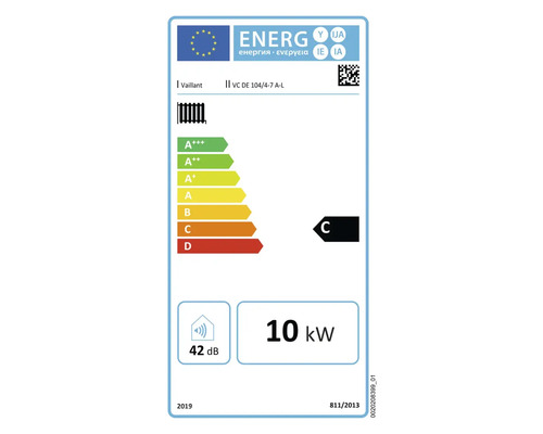 Label énergétique Vaillant avec classe d'efficacité énergétique C, 10 kilowatts et 42 décibels