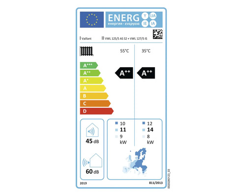 Étiquette énergétique Vaillant pour VWL 125/5 AS S2 + VWL 127/5 IS avec classe d'efficacité énergétique A++