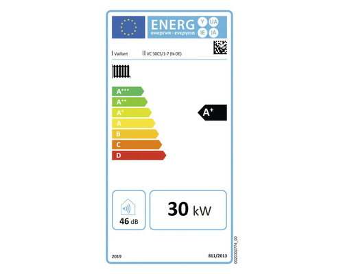 Vaillant Energielabel VC 30CS/1-7 (N-DE) mit Energieeffizienzklasse A+, 30 Kilowatt und 46 Dezibel