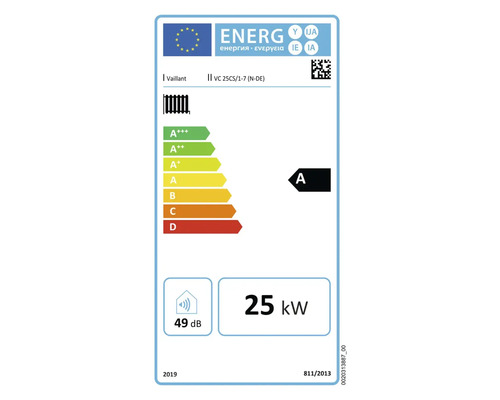 Vaillant Energielabel mit Energieeffizienzklasse A, 25 Kilowatt und 49 Dezibel