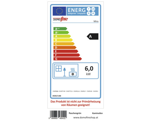Étiquette énergétique DomoFire Mira pour poêle cheminée, classe d''efficacité énergétique A, 6,0 kilowatts